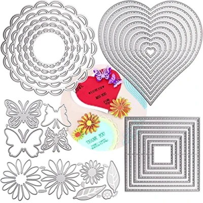 Afbeelding van DailyTreasures 5 Set Snijmallen Stencil, 32 Stuks Metalen Template Mallen Multi Shape DIY Craft Embossing Gereedschap voor Album Scrapbooking Art Decor &amp; Kaarten Maken (Hart/Vierkant/Rond