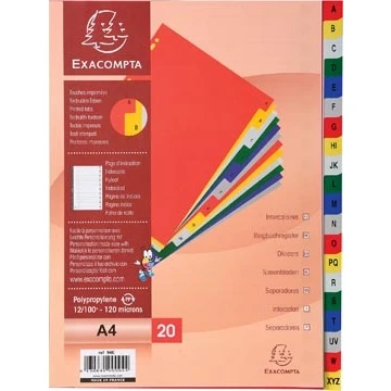 Afbeelding van Exacompta Tabbladen Voor Ft A4, Uit Pp, Van A Tot Z, 20 Tabs, Met Indexblad, Geassorteerde Kleuren