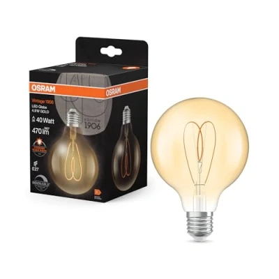 Afbeelding van OSRAM Vintage 1906 Globe is a warm white, dimmable LED lamp in classic ball shape with filament. It offers 4.9 W for 470 lm, E27 socket, gold coloured glass, 95 mm diameter, 2,200 K, EEK F.