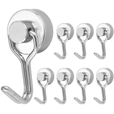 Afbeelding van Poppstar Magneet Haken Extra Sterk Verdraaibaar 8 Stuks (8 kg Houdkracht, Lengte 3,3 cm, Diameter 1,6 cm) Neodymium Magneethaken, Zilver