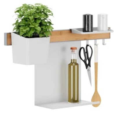 Afbeelding van tesa Keukenorganizer Combi Set S Zelfklevende Keukenrail met Kruidenpot, 2 Planken, Haakrail incl. 3 Haken Installatie zonder Boren Bamboe/Wit