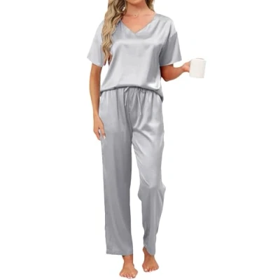 Afbeelding van Reliwel pyjama dames satijnen lang tweedelig huispak V hals set nachtkleding korte mouwen top &amp; lange pyjamabroek zachte Pj sets voor herfst winter, grijs, M