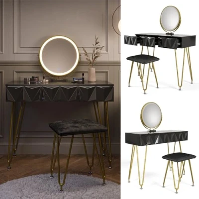 Afbeelding van Vicco Make uptafel set met kruk &quot;Ruby&quot;, Zwart hoogglans, 100 cm LED spiegel en krukje