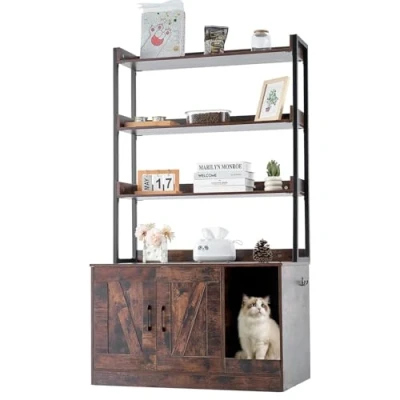 Afbeelding van VEVOR Kattenbakbehuizing, verborgen kattenbakmeubels met 3 opbergplanken, houten kattentoilet binnen, grote kattenhuiskast geschikt voor de meeste kattenbak, 90 x 40 cm (b h), donkerbruin