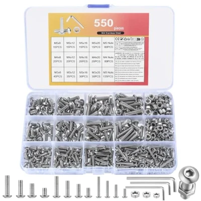 Afbeelding van 550 stuks M3, M4, M5 schroevenset, inbusschroeven, moeren, assortiment, roestvrijstalen zeskantschroeven met ronde kop, machineschroeven, draadschroeven, set