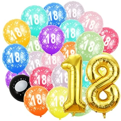 Afbeelding van Verjaardagscijfers ballon 18 jaar en 20 stuks 30 cm ballonnen gouden folieballon in 40 101 verjaardagsdecoratie cijfer decoratie verjaardag vliegt met helium voor mannen vrouwen 18e