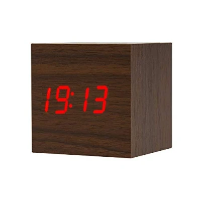 Afbeelding van ThreeH Digitale Wekker Hout LED licht Mini Cube Desk Geeft tijd Datum Temperatuur Voor Kinderen Slaapkamers Huis Slaapzaal Reizen AC10 Brown_Red