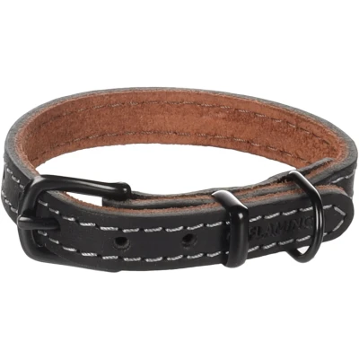Afbeelding van Flamingo Montana Lederen Ketting Zwart XS 19,5 25,5 cm x 12 mm met klinknagels en gesp heeft een zwarte glanzende afwerking