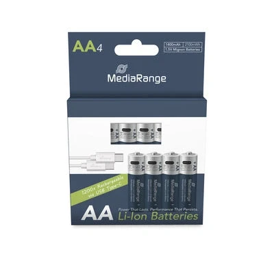 Afbeelding van MediaRange oplaadbare USB C Li Ion batterijen, Mignon AA I 1.5VI 1.400mAh, 4 pack