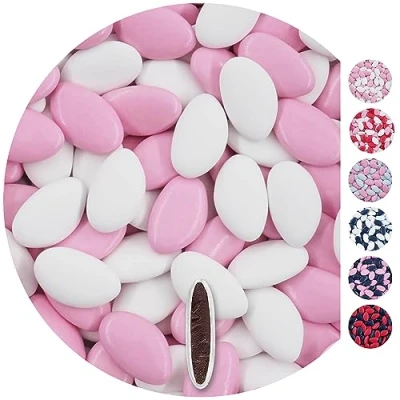 Afbeelding van EinsSein 1kg chocolade dragees Mix wit lichtroze roze bruiloft chocoladebollen choco choups omhuld confetti rokante koekjes candy bar candybar geboorte communie geschenken voor gasten dopen