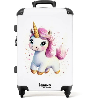 Afbeelding van NoBoringSuitcases.com® Kinderkoffer meisje Kindertrolley meisjes Witte eenhoorn met roze manen Koffer kind groot Rolkoffer lichtgewicht Reiskoffer 4 wielen Grote trolley XL 20 kg bagage