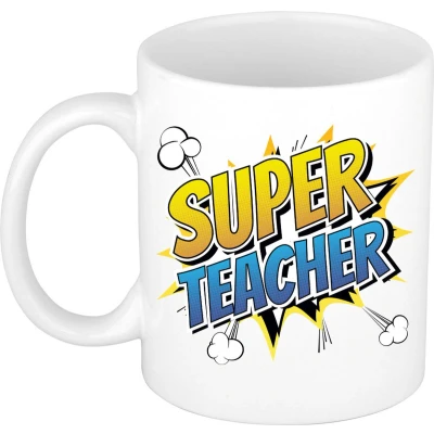 Afbeelding van Super teacher cadeau mok / beker wit popart stijl bedankt juf meester feest mokken
