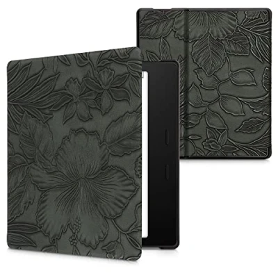 Afbeelding van kwmobile e reader hoesje compatibel met Amazon Kindle Oasis 10. Generation Magneetsluiting Ereader case Bloemen in reliëf groen