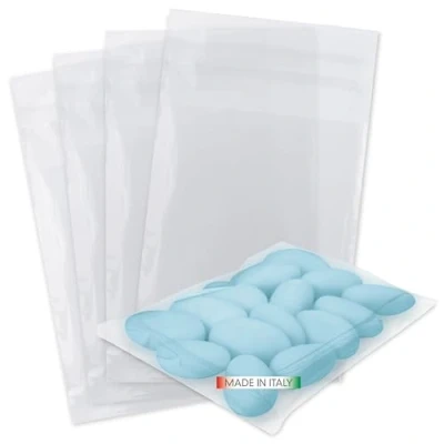 Afbeelding van Decoraparty 100 transparante zakjes 8 x 10 cm, rechthoekige met hersluitbare kleefsluiting, gemaakt in Italië, van polypropyleen, voor snoep, doop, communie, bruiloft