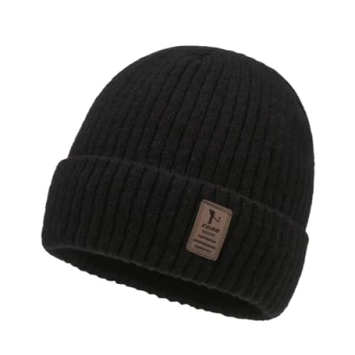 Afbeelding van ATSNOSH Zwarte thermo gebreide muts voor dames en heren, fleece beanie, warme wintermuts, beanie muts, hardloopmuts, fietsmuts, Zwart, Eén maat