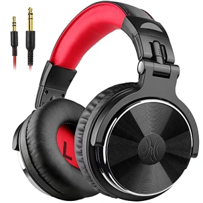 Afbeelding van OneOdio Over ear hoofdtelefoon met kabel, 50 mm driver, basgeluid, 6,35 &amp; 3,5 jack, Share Port, gesloten DJ voor studio, podcast, monitor, mobiele telefoon, pc, MP3/4 (Pro 10 rood)