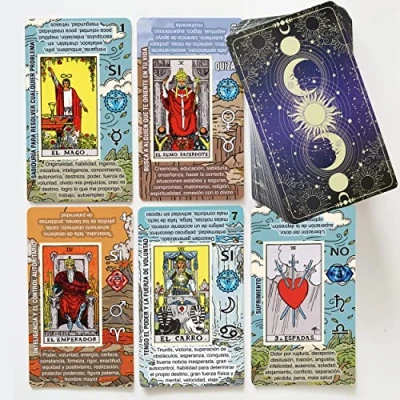 Afbeelding van tarot Tarotkaarten om te leren, geen gids nodig, gemakkelijk en snel lezen deck met Spaanse betekenissen