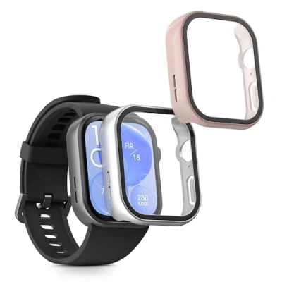 Afbeelding van kwmobile 2x cover geschikt voor Huawei Watch Fit 3 Fitnesstracker van gehard glas en kunststof frame set zilver / oudroze