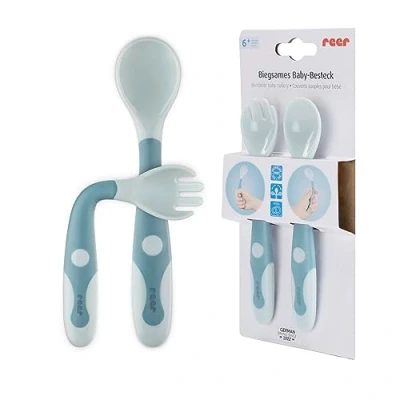 Afbeelding van Buigzame baby en kinderbestekset, 2 delig leerbestek, lepel vork, originele uitrusting, blauw