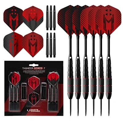 Afbeelding van Darts Corner X1065 Thunder 24 delige stalen tip dartset met 22g vaten, vluchten en aluminium schachten, serie 1, zwart/rood