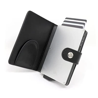 Afbeelding van STEALTH Wallet Slanke Lichtgewicht Minimalistische Kaarthouder Portemonnee Compacte RFID/NFC Blokkerende Pop up Portemonnees Kaarthouders (Zilver Aluminium met Zwart Leer en Geldclip)