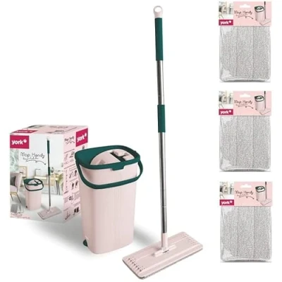 Afbeelding van York Vloerwisserset, voor mobiele telefoon, plat, zwenkbaar met twee kamers, poetsemmer, mop uitwringfunctie, nat en droog reinigen, geschikt alle vloeren, 3 extra cartridges