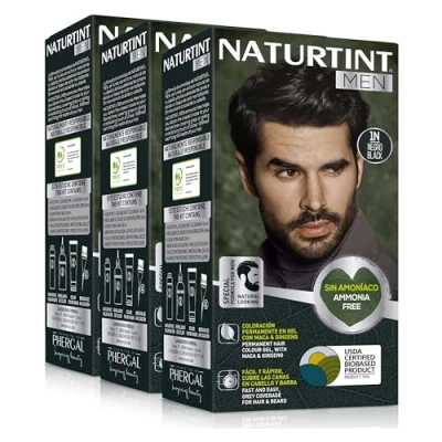 Afbeelding van Naturtint Men Permanente haarkleur zonder ammoniak, speciaal voor mannen, 100% grijsdekking, natuurlijke en langdurige kleur, ingrediënten, 1N zwart, verpakking van 3 stuks