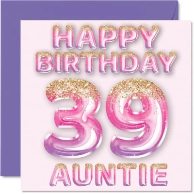 Afbeelding van 39e verjaardagskaart voor tante roze en paarse glitterballonnen gelukkige verjaardagskaarten 39 jarige van neef nichtje, 145 mm x cadeau