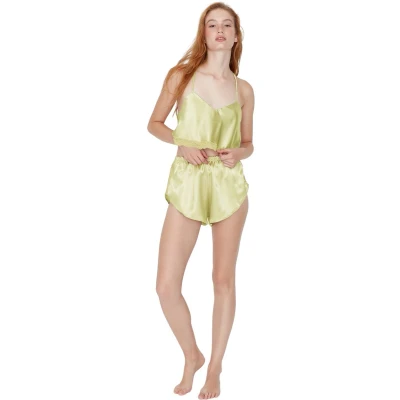 Afbeelding van Trendyol Zwarte Kanten Touwband Crop Satijnen Shorts Geweven Pyjamaset Thmss22Pt0264