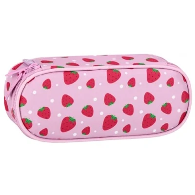 Afbeelding van Roze, COMPARTIMENT etui, zakje voor meisjes, aardbeien 5x22x10cm