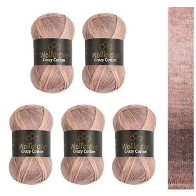 Afbeelding van Wollbiene Crazy Cotton Batik, 5 x 100 g, 500 gram met kleurverloop, 55% katoen, meerkleurig, breiwol, wol voor het hele jaar (6000 bruin/beige)