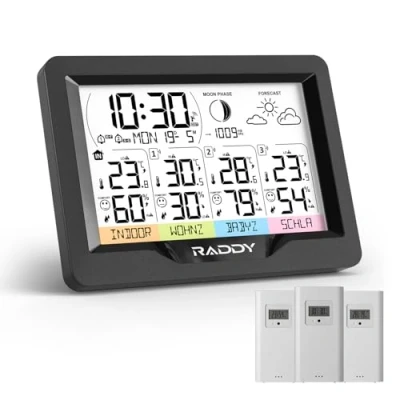 Afbeelding van Raddy WF 60M Draadloos weerstation met 3 buitensensoren, thermometer voor binnen en buiten luchtvochtigheids barometerbewaking, doe het zelf sensorornamenten, weersvoorspelling, DCF atoomklok