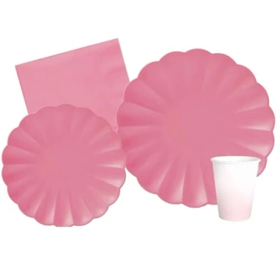 Afbeelding van Party Tableware Set Flower Shape for 24 people (112 pcs: plates Ø23cm, Ø18cm, cups 200ml, 40 napkins 33x33cm) in eco friendly compostable paper, old rose