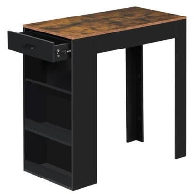 Afbeelding van WOLTU Bartafel, bartafel met 1 lade en 3 planken, schiereilandtafel voor keuken, kroegen, bistro, van technisch hout, rustiek bruin + zwart, 100 x 50 cm
