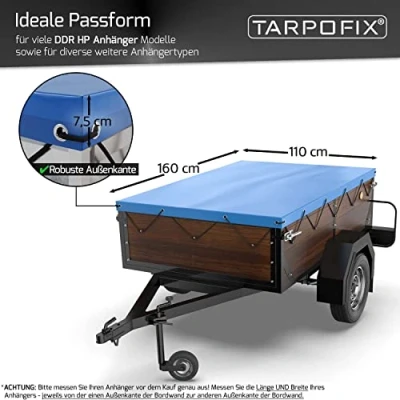 Afbeelding van Tarpofix® Afdekzeil voor aanhangers, 160 x 110 cm, incl. dekzeil, plat zeil van pvc, zeilmateriaal, versterkt HP DDR dekzeil diverse aanhangers personenauto&#039;s, afdekzeil, afdekking