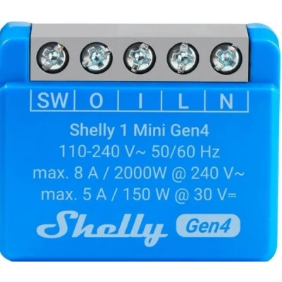 Afbeelding van Shelly 1 Mini Gen4 Slimme Schakelaar Wi Fi, Bluetooth, Zigbee, Matter 8A Droog Contact Compact Formaat Geschikt voor Domotica Blauw