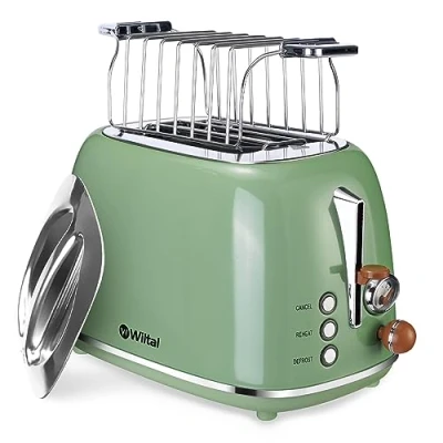Afbeelding van Wiltal Broodrooster Retro, voor 2 boterhammen, 6 instelbare bruiningsniveaus, roestvrij staal, hoogwaardig opzetstuk broodjes, opwarm ontdooifunctie, aftelweergave, sneltoastechnologie (groen)