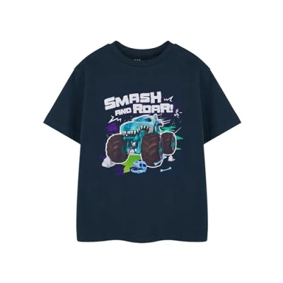 Afbeelding van Hot Wheels Monster Trucks Jongens Navy T shirt met Korte Mouwen Smash And Roar print voor Kinderen Kleding Officiële Merchandise