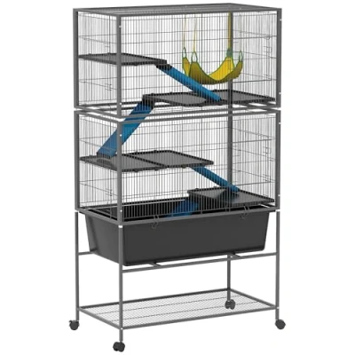 Afbeelding van PawHut Kleintierkäfig, Nagerkäfig Frettchenkäfig mit ausziehbarem Tablett Mäusekäfig Rampen, Hängematte, Rollen, Ablage, Käfig Zubehör für Eichhörnchen, Zwerghamster, Chinchilla Dunkelgrau
