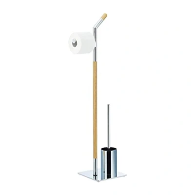 Afbeelding van Relaxdays Toilet accessoires set hout chroom toiletrolhouder met toiletborstel