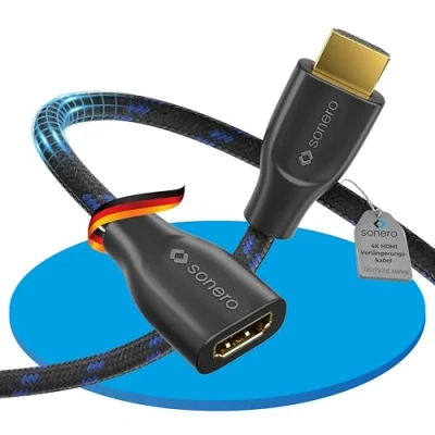 Afbeelding van Sonero® Premium High Speed HDMI verlengkabel 4K A mannelijk naar vrouwelijk vergulde contacten dubbel afgeschermd textielhoes 0,50m