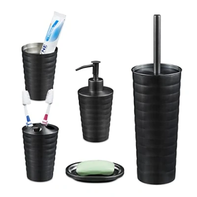 Afbeelding van Relaxdays badkamerset 5 delig zeepschaal tandenpoetsbeker bekers rvs antraciet
