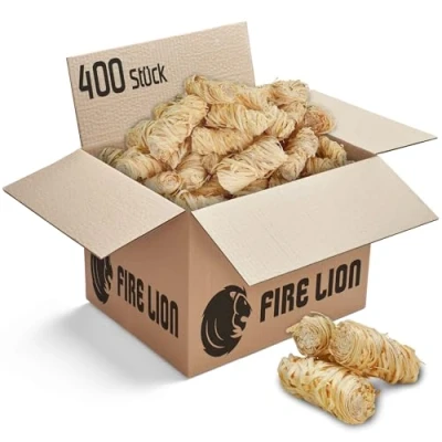 Afbeelding van FIRE LION eco aanmaakwol (5 kg) ca. 400 stuks, ook als (3 kg+10 kg), ecologische barbecueaansteker, openhaardaansteker, kachelaansteker, houtwol, aanmaakblokjes