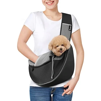 Afbeelding van Pawaboo Dog Sling Carrier, Papoose with Zipper Touch Pocket, Hand Free Breathable Mesh Puppy Crossbody Satchel Purse Adjustable Strap for Outdoor Travel, Black, Medium