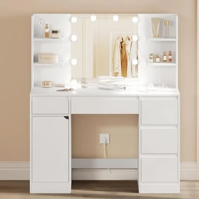 Afbeelding van WOLTU make uptafel met ledlampen, meervoudig stopcontact, helderheid verstelbaar, 5 laden en open planken, 110 x 40 140 cm, voor slaapkamer, wit, MB6117ws