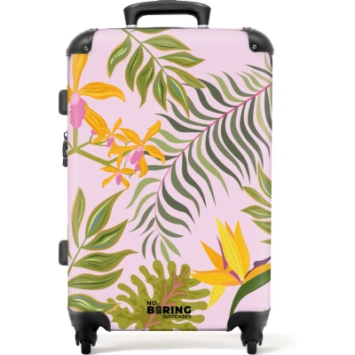 Afbeelding van NoBoringSuitcases.com® Koffer groot Rolkoffer lichtgewicht Roze met kleurrijke bladeren Reiskoffer 4 wielen Grote trolley XL 20 kg bagage