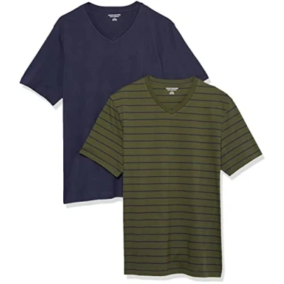 Afbeelding van Amazon Essentials Heren Regular Fit T shirt met korte mouwen en V hals (verkrijgbaar in Big &amp; Tall), 2 stuks, marineblauw/olijf/gestreept, S