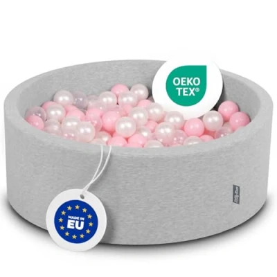 Afbeelding van KiddyMoon Schuim Ballenbak Voor Kinderen Met Ballen Ø 7 Cm Gemaakt In EU, Lichtgrijs:Poeder Roze Parel Transparant,90X30cm/300