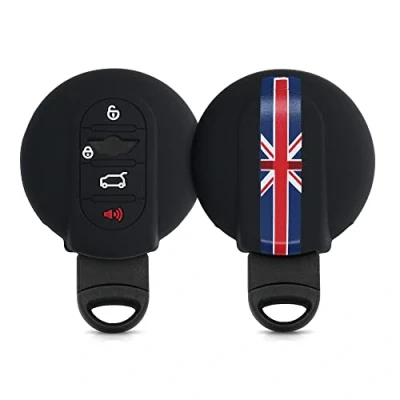 Afbeelding van kwmobile Autosleutel hoesje geschikt voor Mini 3 knops Smart Key behuizing in rood / blauw zwart Union Jack met Strepen design