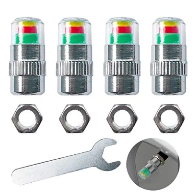 Afbeelding van QitinDasen 4 stuks premium autobandenspanningsmeter ventieldoppen, waarschuwing veiligheid 3 kleuren sensor indicator, bandenklep stofkap luchtventieldoppen, anti diefstal doppen met moeren en